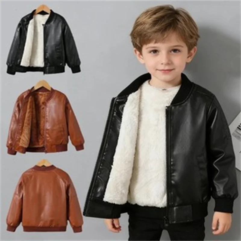 Kids PU Leather Jacket Boys Girls Plus Velvet Thick Warm Coat Autumn Winter Fashion Outerwear Children Casual Clothing 2-14Y