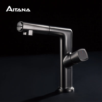 AITANA Luxury Black Bathroom Faucet LED Digital Display Design Simple Single Handle Hot and Cold Water Pullout Basin Mixer