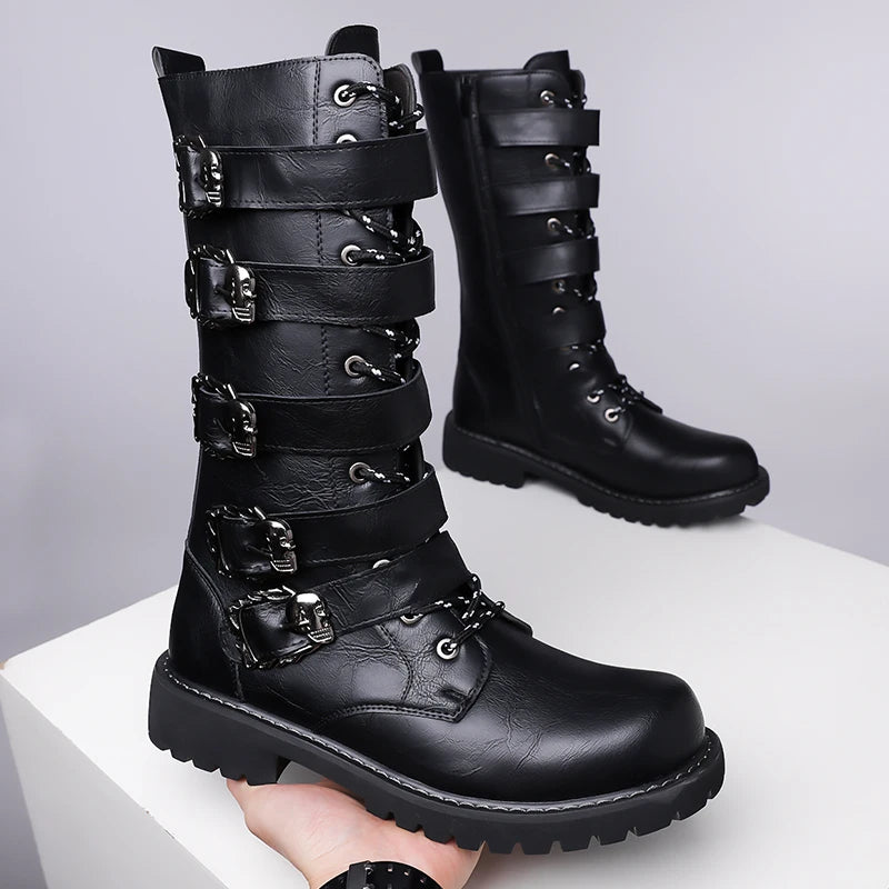 Winter Men Fashionable Boots with Belt Buckle Decoration Side Zipper Anti Slip Personalized Youth Knight Boots