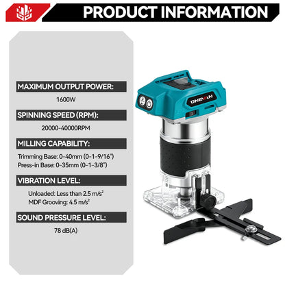 ONEVAN 1600W Brushless Electric Trimmer 5 Gears Cordless Woodworking Engraving Slotting Milling Router For Makita Battery Pin