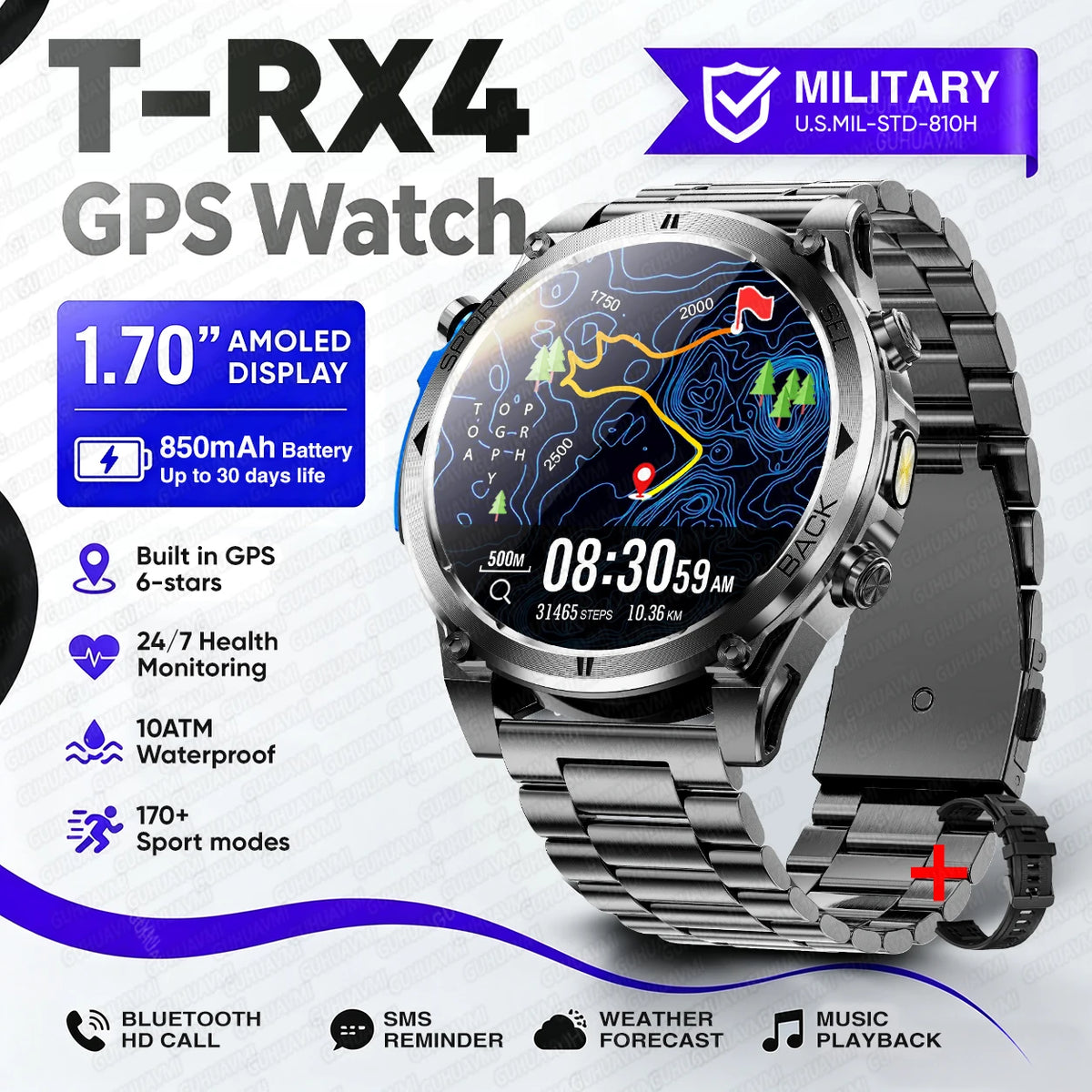 T-RX4 Ultra GPS Outdoors Military Smart Watch Men 1.7" AMOLED Compass 10ATM Waterproof 850mAh Battery Bluetooth Call Smartwatch