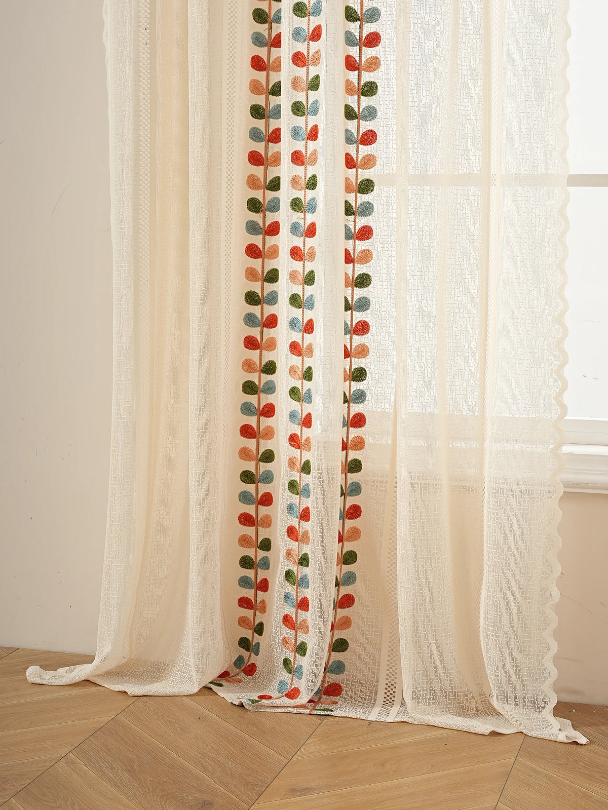 2PCS Four Color Leaf Embroidery Lace Rod Pocket Bag Curtains, Living Room Bedroom Simple and Warm Atmosphere Decorative Curtains
