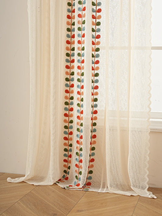 2PCS Four Color Leaf Embroidery Lace Rod Pocket Bag Curtains, Living Room Bedroom Simple and Warm Atmosphere Decorative Curtains
