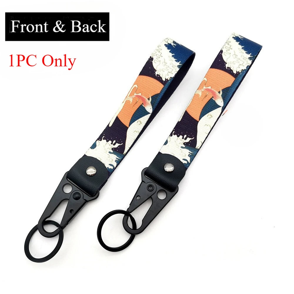 JDM Style Ukiyo-e Crane Keychain Racing Modified Nylon Motorcycle Keyring Auto Key Holder Accessories