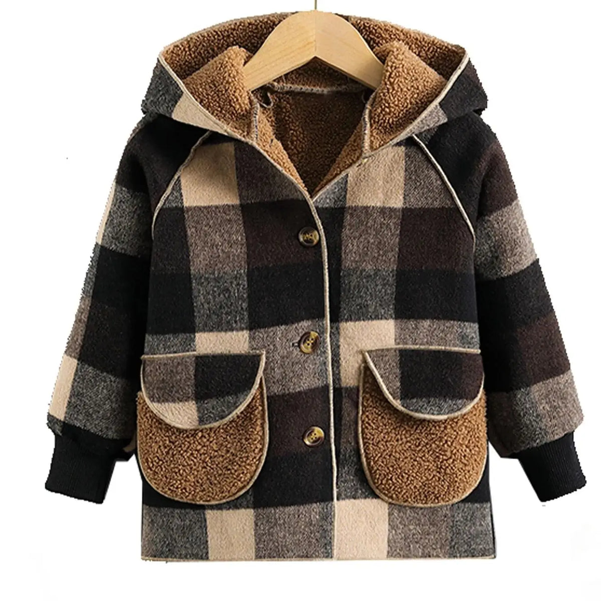 Children's Clothing Boys' Plaid Hooded Mid-Length Spring and Autumn Jacket, Winter Open-Front Outerwear, Comfortable Raglan Sleeves