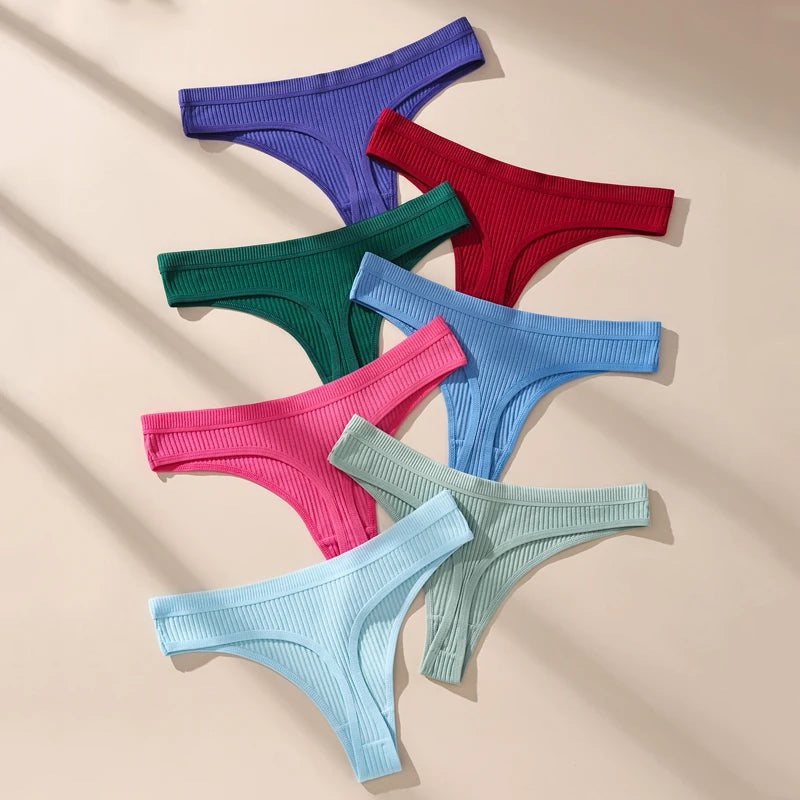 7Pcs/Set Women Thongs Cotton Panties Striped Underwear Sexy Underpants Solid Panty Soft G-Strings  Plus Size Female Lingerie
