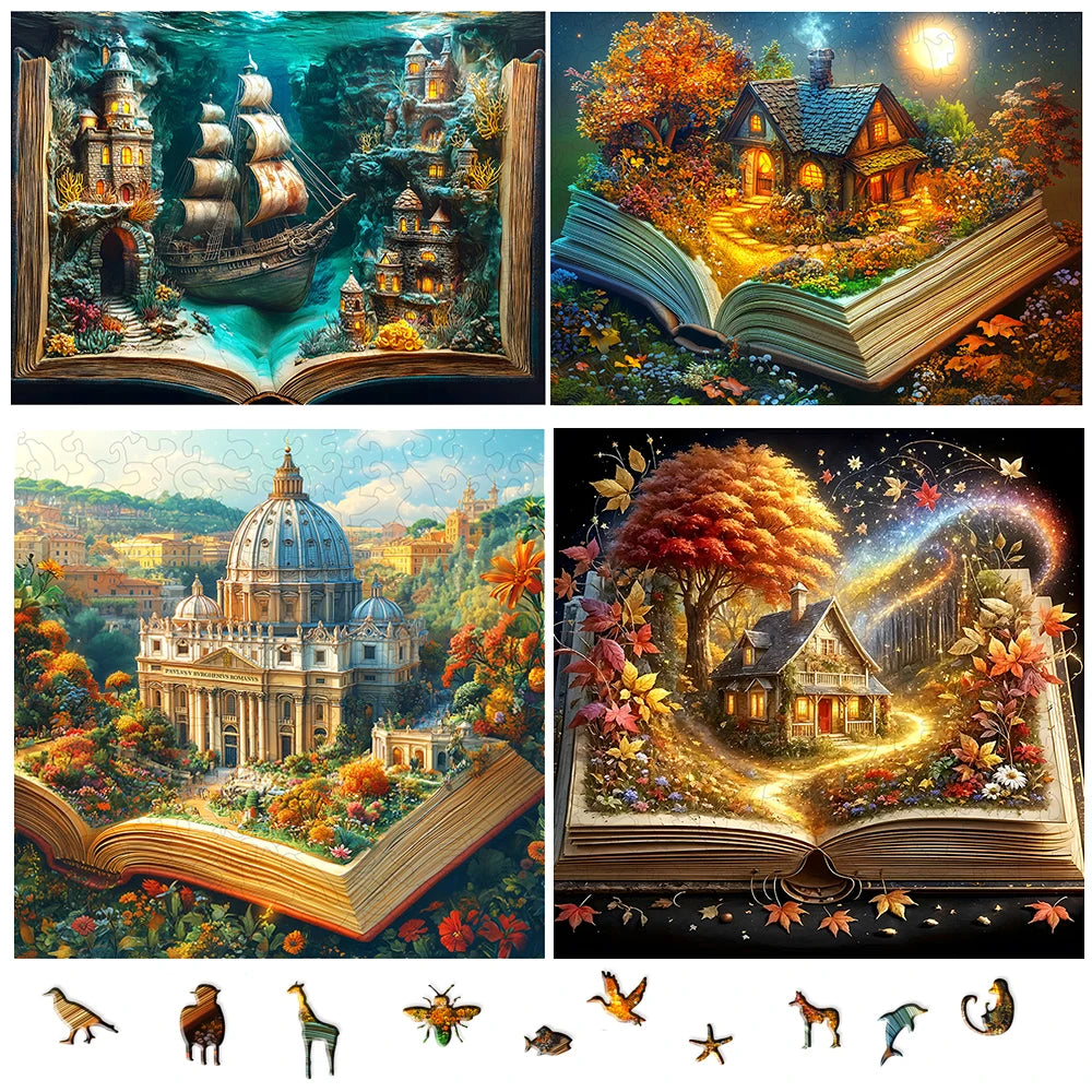 3D Stereo Book Scene Wooden Puzzle - Montessori Toy with Exquisite Patterns, Animal-Themed, Birthday Gift for Adults & Kids