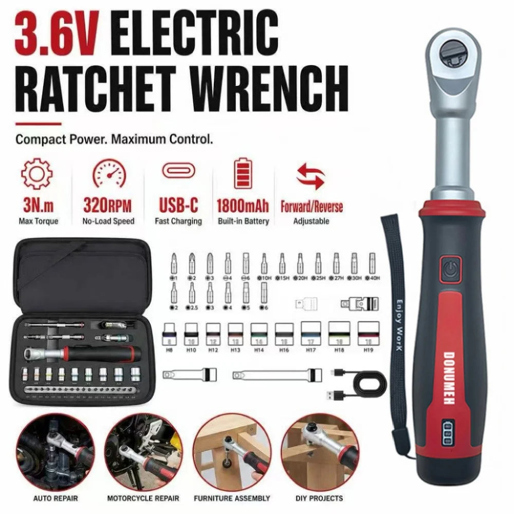 3.6V Ratchet Electric Wrench, 320 rpm, 1/4“ and 3/8” Auto/Manual Rechargeable Wrench, Automotive Repair Tool, Type-C Port