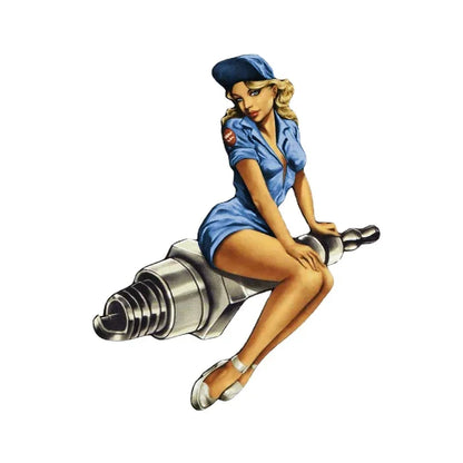 Classic Spark Plug Pin Up Girl Cartoon Decal Self-adhesive Hot Rod Car Sticker Auto Motorcycle Biker Decoration 13cm x 12.5cm