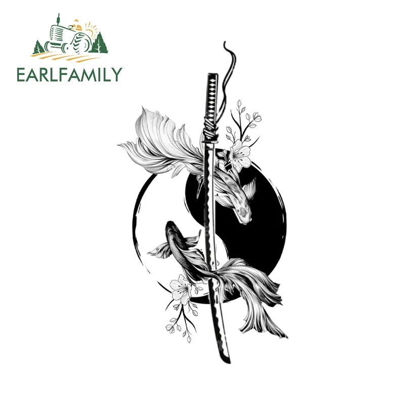 EARLFAMILY Samurai Theme Katana Design Car Stickers Cool Cartoon Picture Decal Amusing Motorcycle Car Body Occlusion Scratch