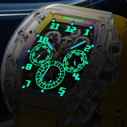 BONEST GATTI Men Automatic Watch Tonneau Mechanical Wristwatch Crystal Case Rubber Band Month Week Date Multi Dial Watches