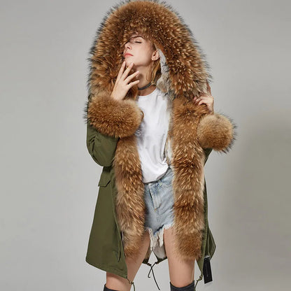 2026 Maomaokong Women's Winter Coats Rabbit Lining Jacket Natural Real Raccoon Fur Collar Parka Fox Fur Long Female Clothing
