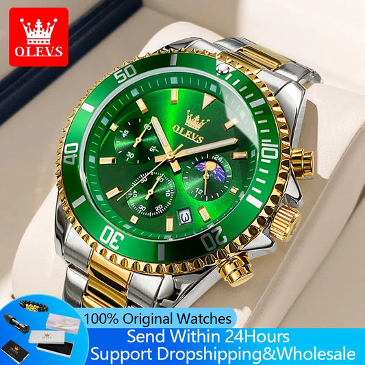 OLEVS 2870 Chronograph Quartz Business Men Watch Fashion Moon Phase Waterproof Watch For Men Stainless Steel Original Wristwatch