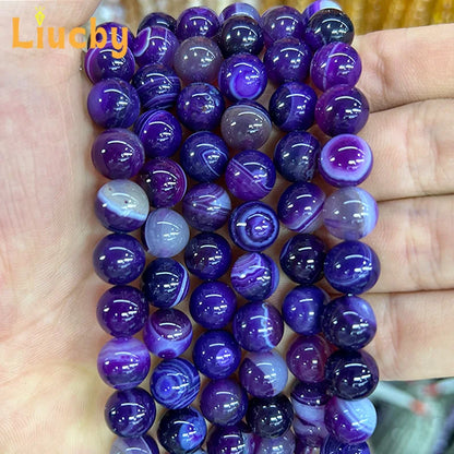 Natural Stone Purple Line Agate Beads for Jewelry Making DIY Women's Earrings Accessories 15' Wholesale 4/6/8/10/12/14mm