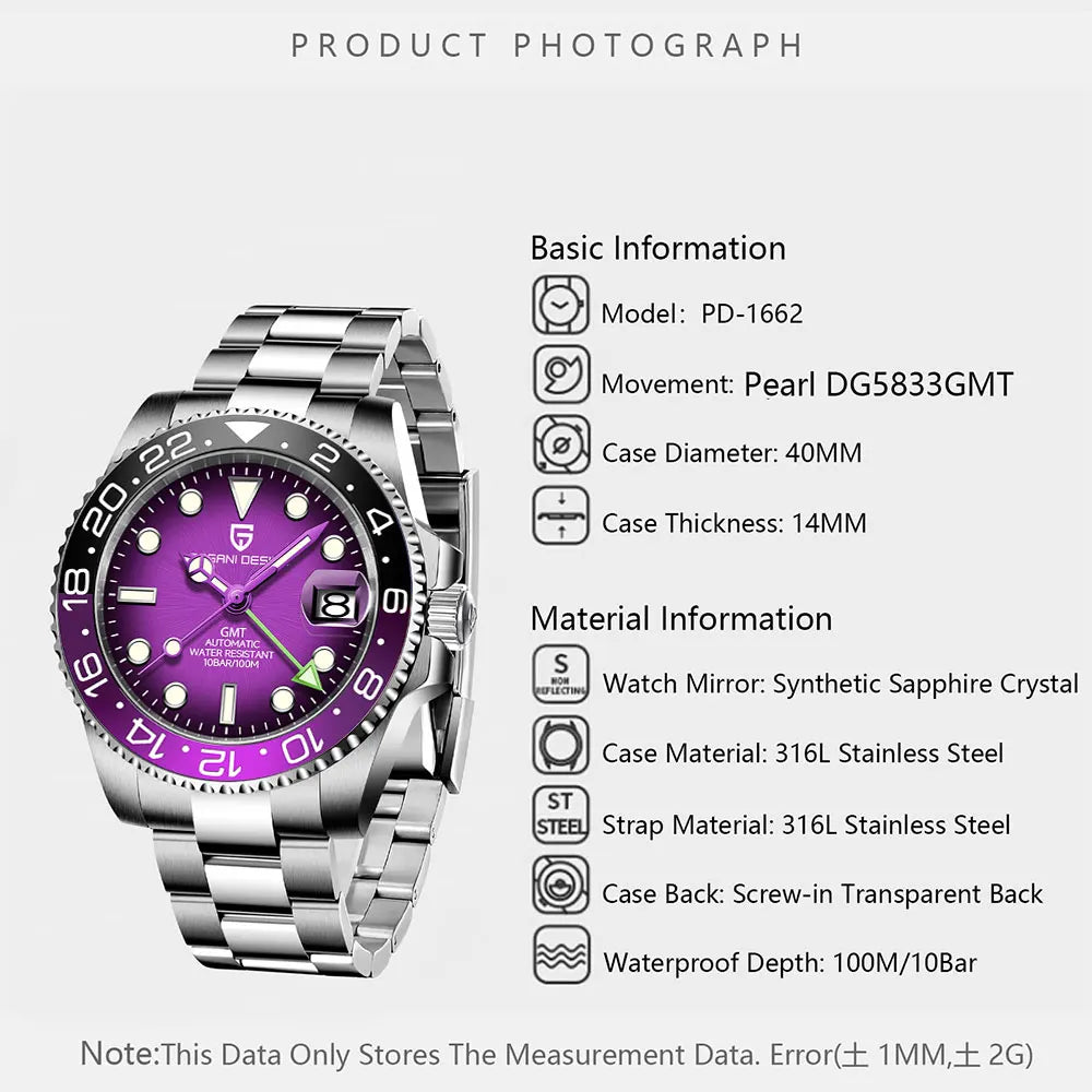 PAGANI DESIGN New GMT Men Watch Top Brand 40mm Mechanical Watch Sapphire Glass 100M Waterproof Automatic Wristwatch Reloj Hombre