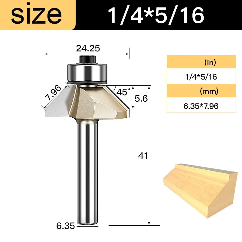 Tideway 45 Deg Bevel Edge Forming Chamfer Router Bits with Bearing Chamfering CNC Wood Cutting Tools Woodworking Milling Cutter