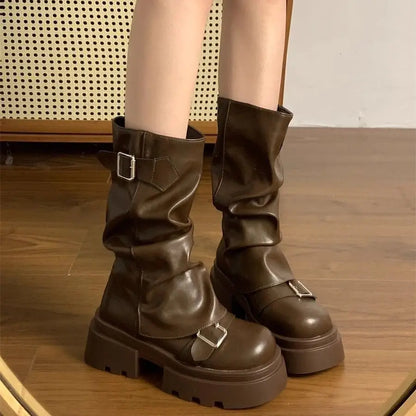 2026 New Vintage Thick Bottom Women Motorcyle Boots Fashion Belt Buckle Autumn Winter Female Slip on Mid Calf Booties