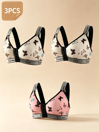 3pcs Women's Underwear Set, Multi-Color Front Closure Bra