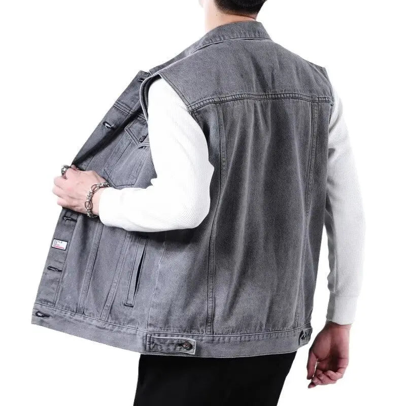 High end retro denim vest, men's sleeveless lapel, vest vest, vest, vest, vest, vest, vest, vest, multi pocket workwear