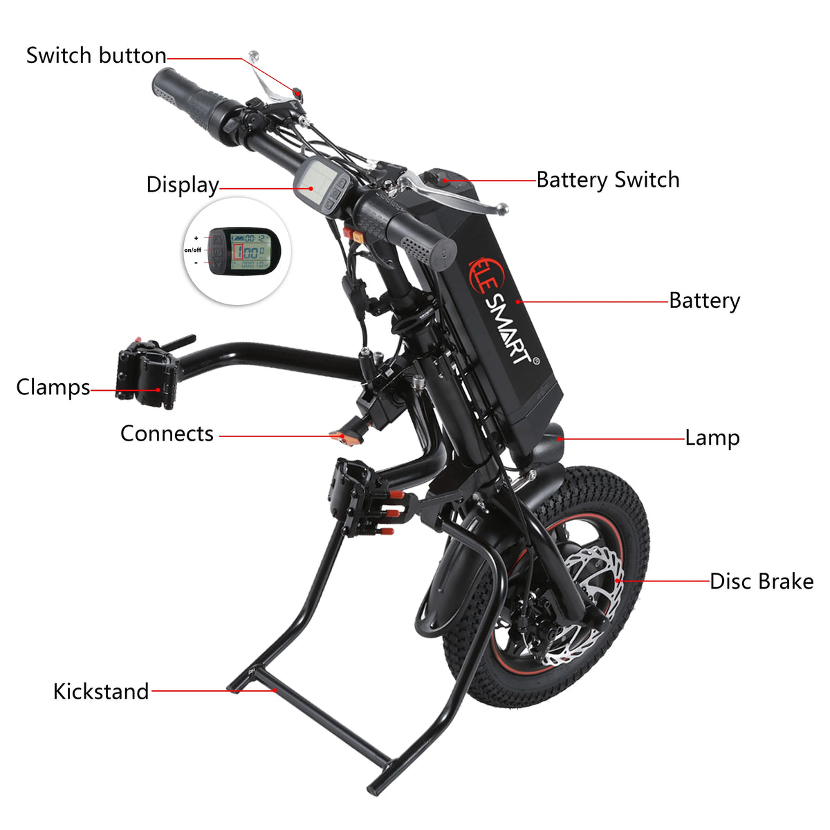 Elesmart 12 Inch Electric Handcycle Tractor Conversion Kit 36V 250/350/500W Wheelchair Attachment for Disability Aid