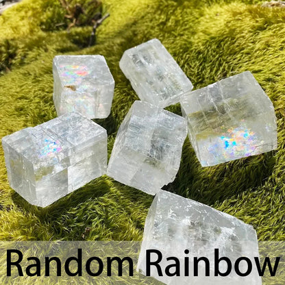 Natural Crystal White Calcite Raw Stone Ornament Mineral Crystal Specimen Rainbow Color Calcite Cube Home Decoration