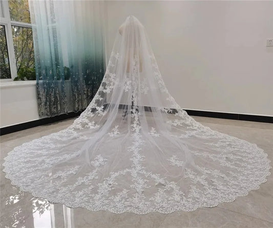 White Ivory 3m 4m 5m One Layer Wedding Veil With Comb Lace Edge Bridal Veils Appliqued Cathedral Wedding Accessorie Veu Velo