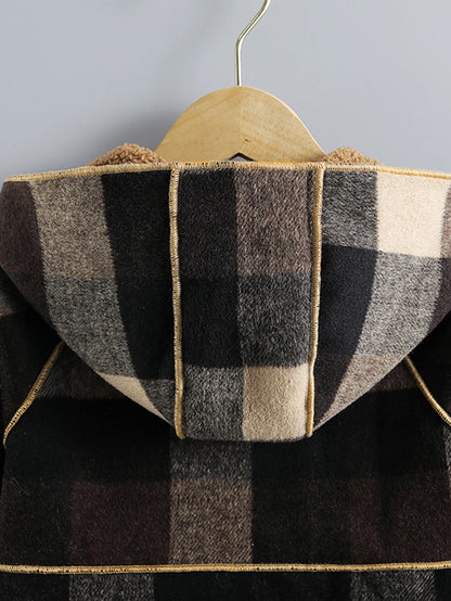 Children's Clothing Boys' Plaid Hooded Mid-Length Spring and Autumn Jacket, Winter Open-Front Outerwear, Comfortable Raglan Sleeves