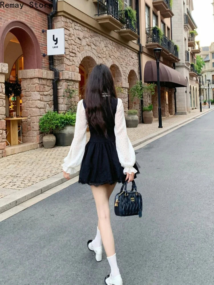 Summer New Sexy  Lace 2 Piece Set Vintage Design Halter Neck Y2k Tops + Puff Mini Skirt Female Elegant French Chic Retro Outfits