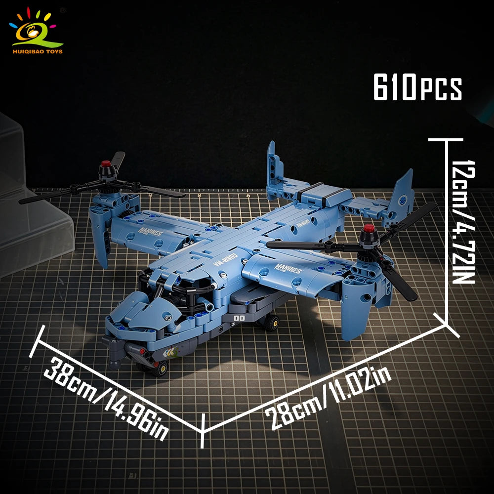 HUIQIBAO MOC V-22 Tiltrotor Aircraft Helicopter Building Block Children Military Airplane Model Bricks Toy Home Decor.