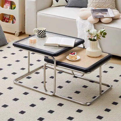 Nordic Rattan Combination Coffee Sofa Table Set Stainless Steel Solid Wood Glass Combination Modern Simple Style Wood Tables