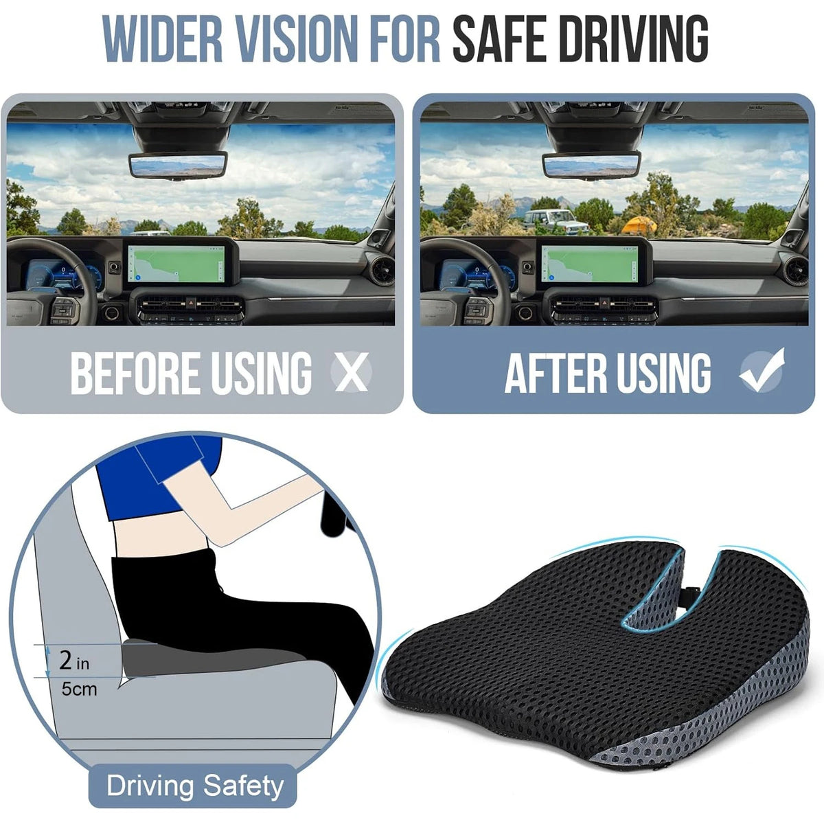 Memory Foam Car Wedge Seat Cushion for Driving, Height Booster & Posture Support, 4D Mesh Seat Pad with Adjustable Straps
