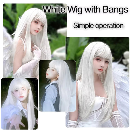 White Long Straight Wigs for Women with Bangs Natural Looking Synthetic Hair Wig for Halloween Cosplay Daily Use