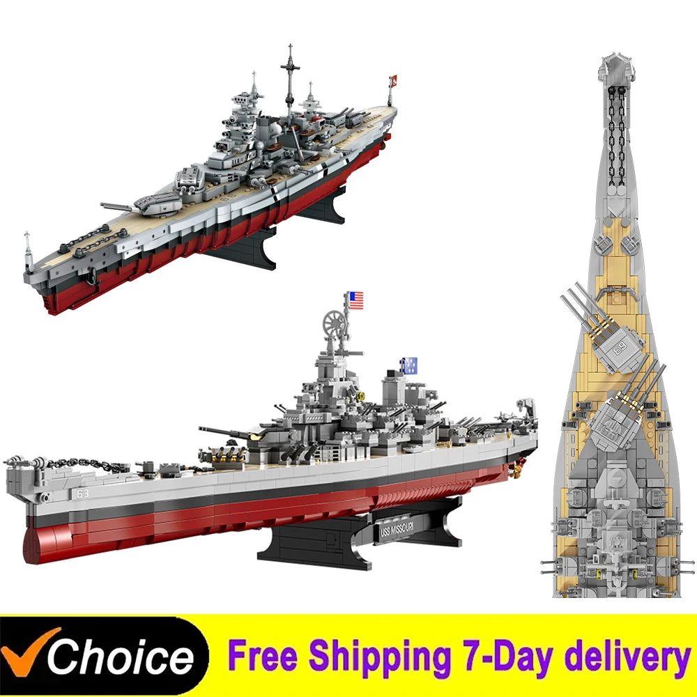 NEW Military Battleship Series Missouri Battleship Crusier Model Building Blocks Bismarck Cruiser Boat Bricks Toys Kids Gifts