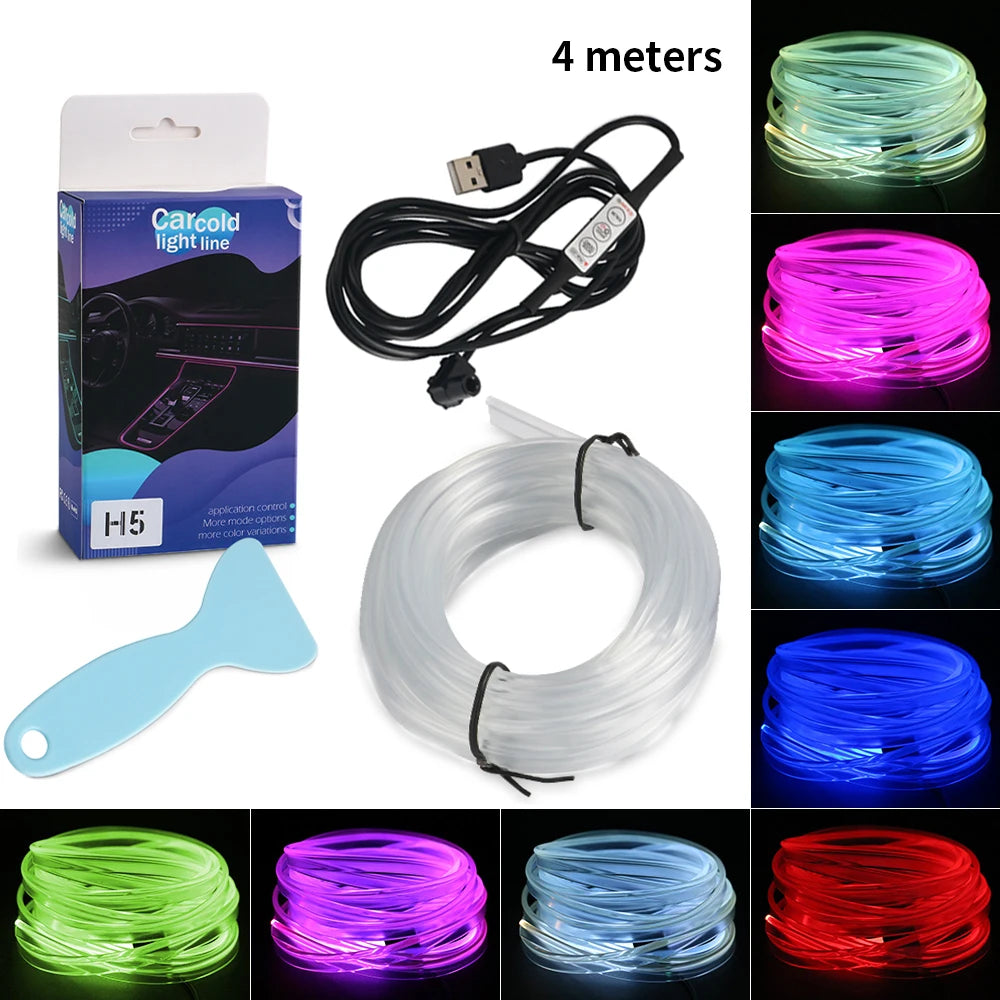 1/2/3/4/5M Car LED Ambient Lights Strip RGB Neon Optical Fiber Multiple Mode Interior Atmosphere Lighting DIY USB EL Wiring Lamp