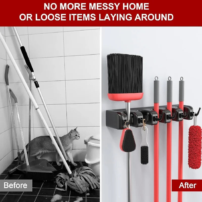 Wall Mounted Mop Holder 3/4/5 Position Multi-Functional Broom Hanger Shelf Kitchen Storage Home Black Plastic Mop Holder