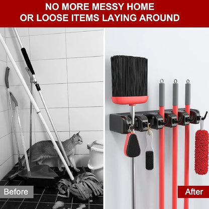 Wall Mounted Mop Holder 3/4/5 Position Multi-Functional Broom Hanger Shelf Kitchen Storage Home Black Plastic Mop Holder