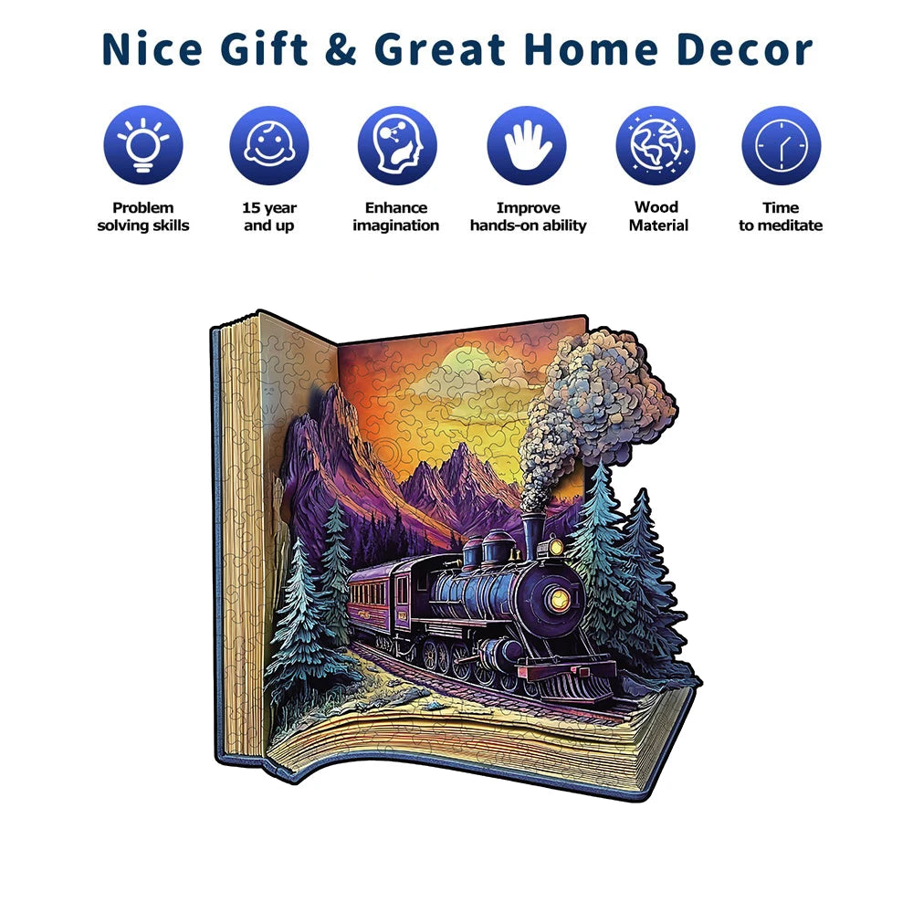 Wooden Puzzle for Adults - the Train in the Book Puzzle, Unique Shape Wooden Jigsaw Puzzles, Modern Art Home Decor
