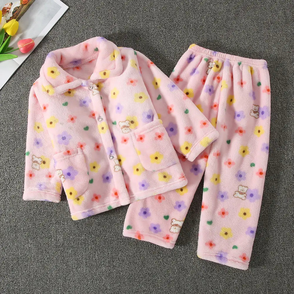 Girls' sleepwear long sleeved flannel children's sleepwear autumn and winter coral fleece boys' baby children's home Clothing se