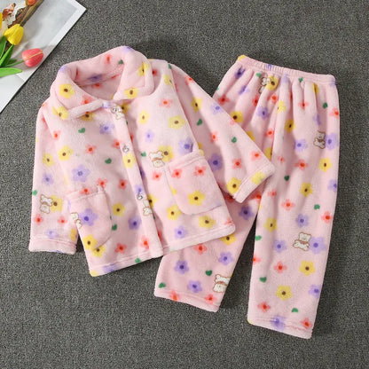 Girls' sleepwear long sleeved flannel children's sleepwear autumn and winter coral fleece boys' baby children's home Clothing se