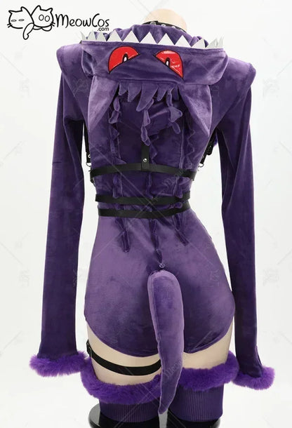 Meowcos Women Genga Cosplay Costume Halloween Purple Ghost Romper Bodysuit Plush Hooded and Socks with Belt and Tail