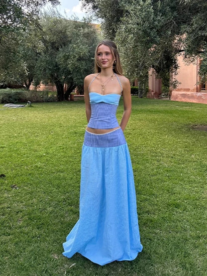 Chic Striped Women's Tank Top Pants Two Piece Set Elegant and Sexy Color blocked Slimming Strap Top Loose Long Skirt Women's Set
