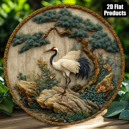 2D Flat Vintage Japanese Crane Pine Tree Oriental Asian Round Wooden Sign, Zen Aesthetic Wall Art, Rustic Shabby Chic Wooden Pla