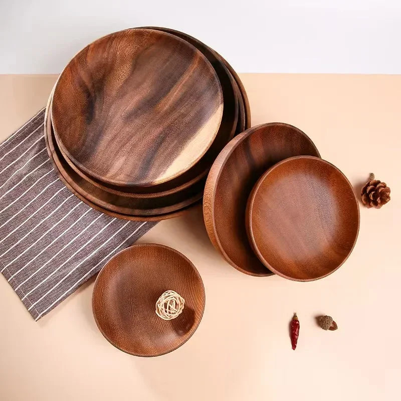 Wood Round Fruit Dish Household Dim Sum Fruit Salad Dish Baby Fall Proof Wooden Bowl Whole Japanese Acacia Wood Thickened Dish