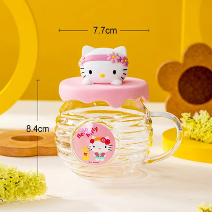 For Sanrio Kawaii Glass Cups Honey jar shape Water Cups Cartoon Kuromi& Hello Kitty& Cinnamoroll Anime Juice Milk Mug Kids Gift