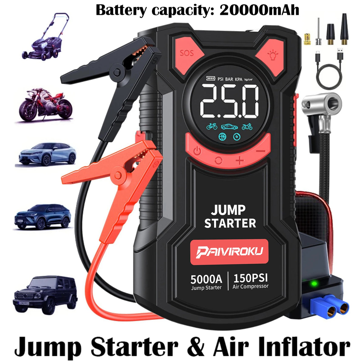 PAIVIROKU 5000A Car Jump Starter with Air Compressor 150PSI Air Pump  Auto Battery Booster Portable Power Bank Tire Inflator