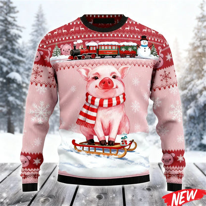 2026 Ugly Christmas Sweater For Men Cute Animal Pig Pattern Oversized Sweatshirt Family New Year Holiday Round Neck Hoodie