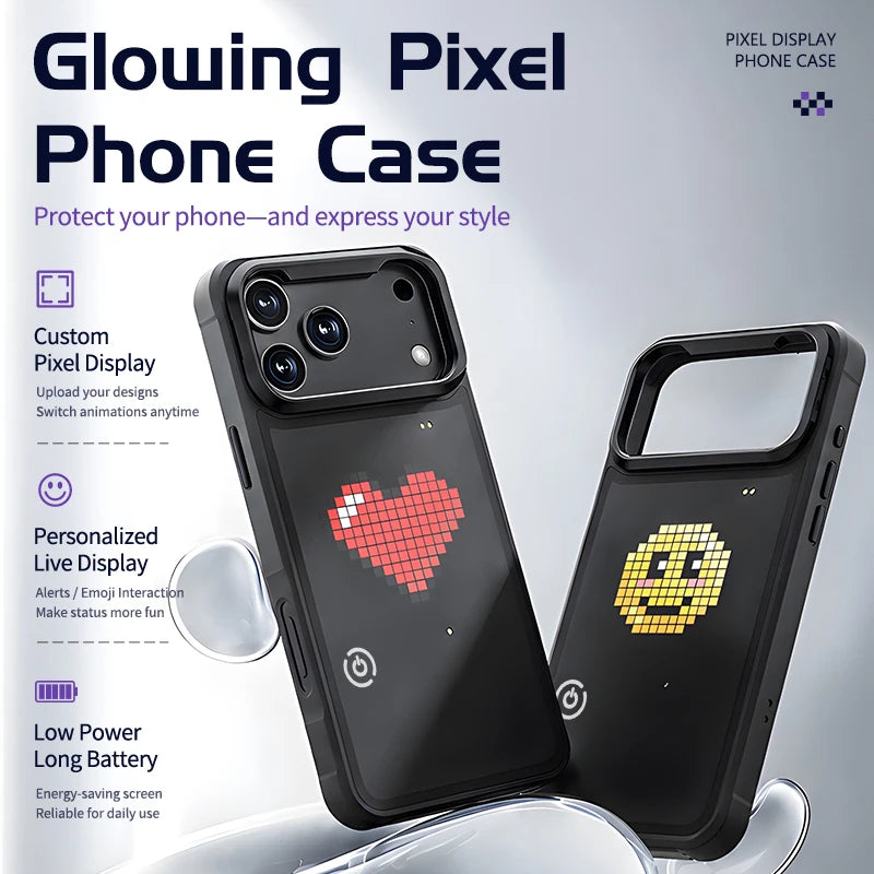 DIY LED Pixel Phone Case for iPhone 17 Series Custom Text & Pattern Animation with Built-in Fold Stand & Rechargeable Battery