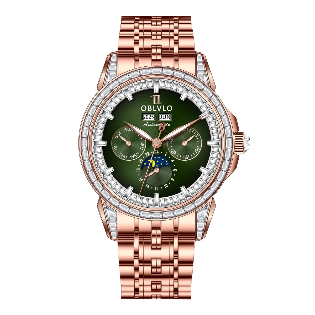 OBLVLO Men's Fashion Automatic Watch Colorful Zircon Moonphase Mechanical Multifunctional Black Leather Strap Timepiece GCM-MUT