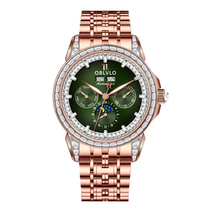 OBLVLO Men's Fashion Automatic Watch Colorful Zircon Moonphase Mechanical Multifunctional Black Leather Strap Timepiece GCM-MUT