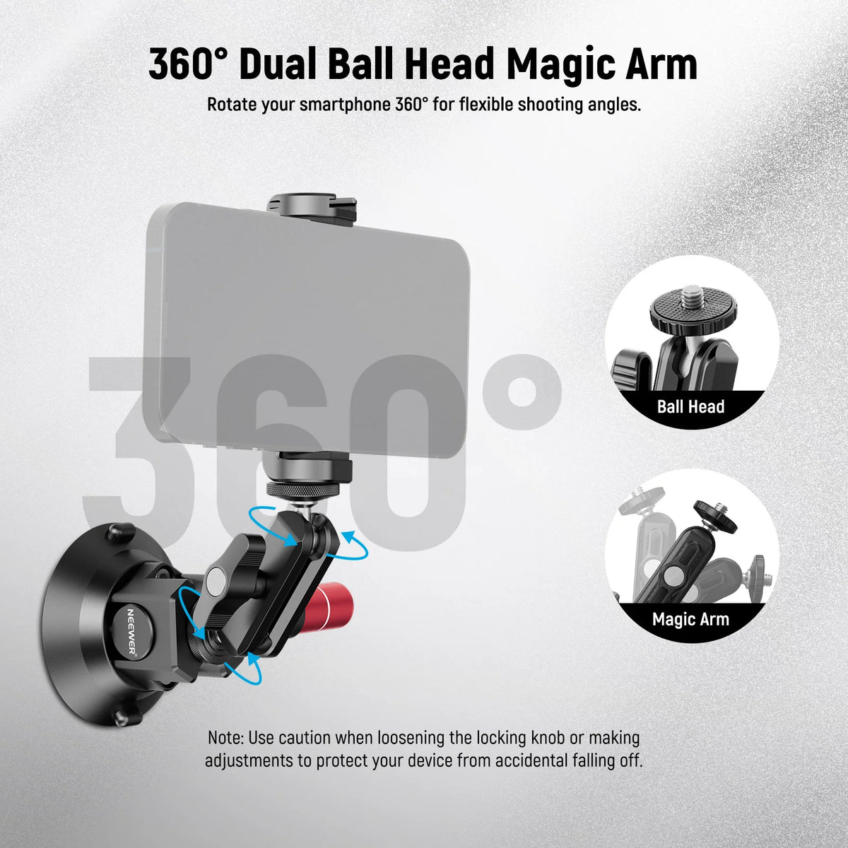 Neewer 3" Suction Cup Camera Mount Bracket with Ball Head Magic Arm, Quick Release Car Mount For iPhone DJI Insta360